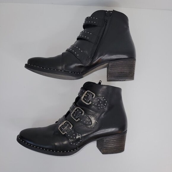 Paul Green Boots Soho Moto Silver Studded Black Leather Buckle Booties SZ US 6.5 - Picture 7 of 13